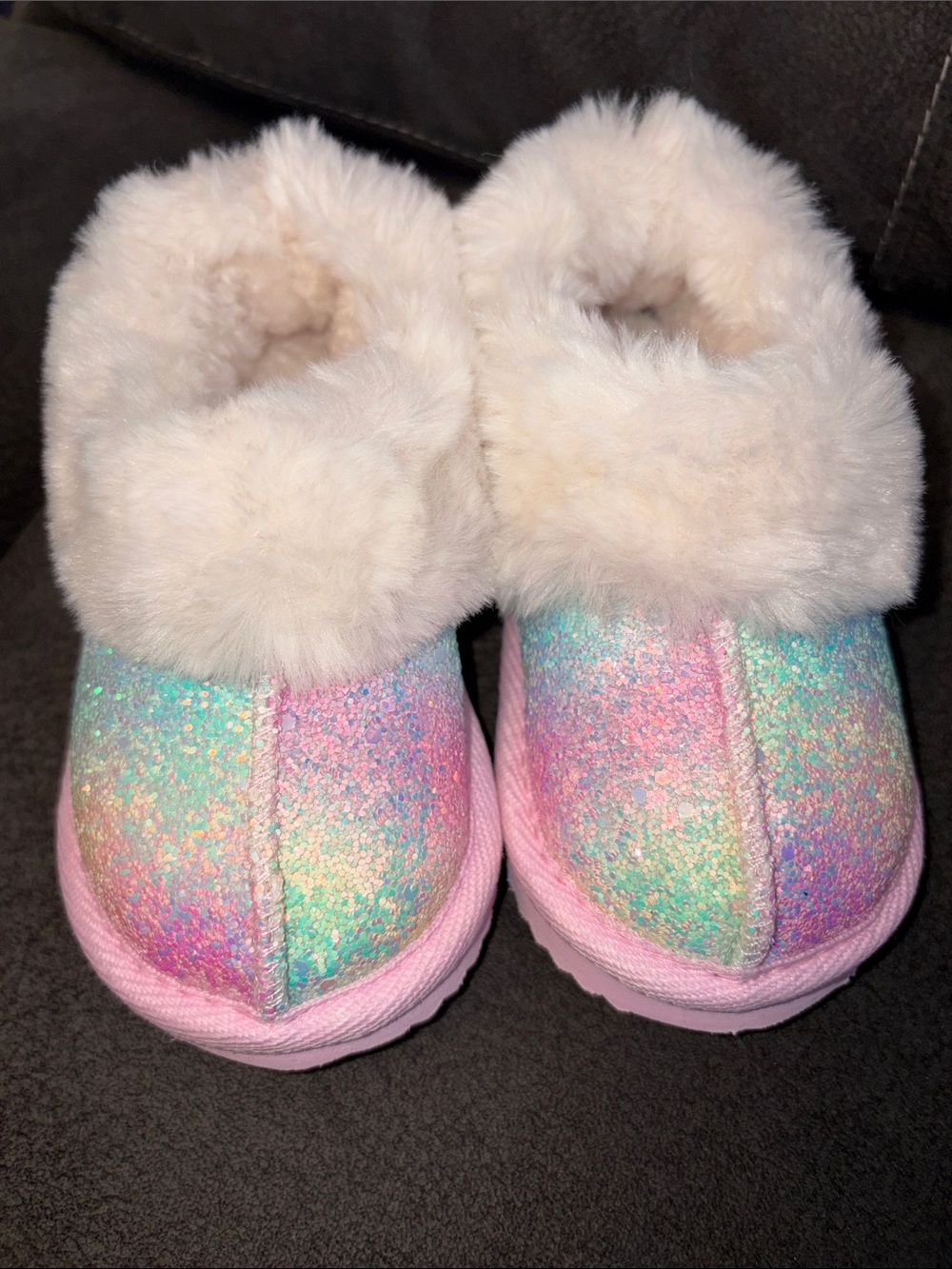 Toddlers Sparkly Multicolor Faux Fur Lined Slippers